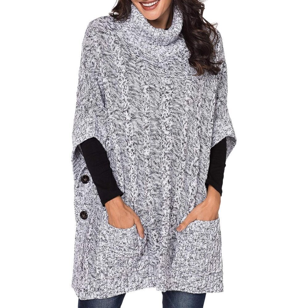 Women's Acrylic Poncho Sweater with Pockets Turtle Cowl Batwing Sleeve